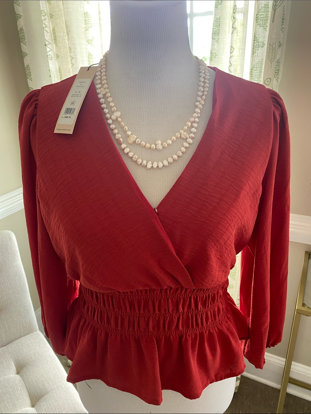 BCBGeneration Red Wrap Peplum Long-Sleeve Top
